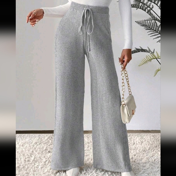 Casual Solid Color Drawstring Waist Wide Leg Knit Pants, Autumn/Winter - Picture 1 of 4